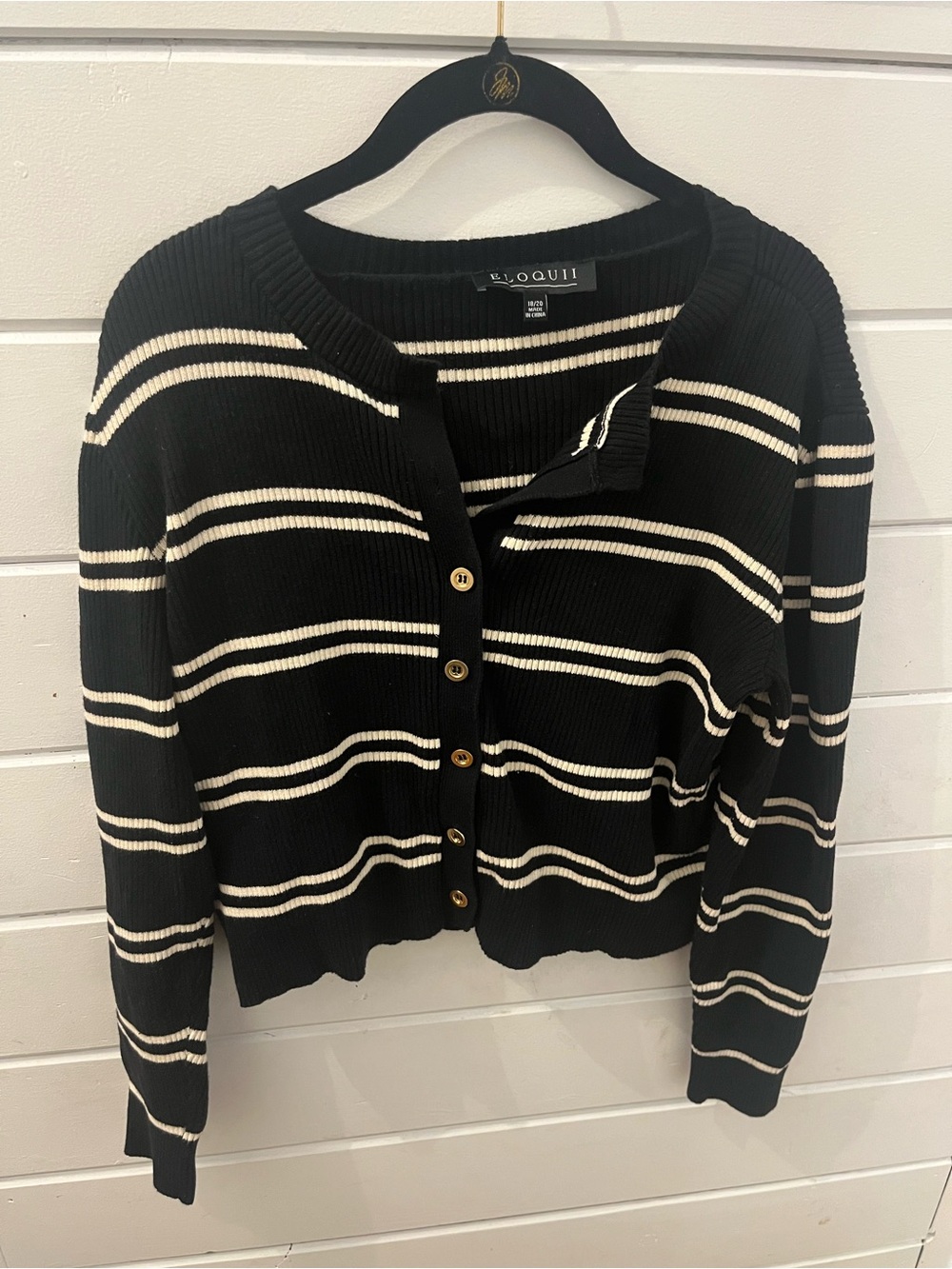 Eloquii Cropped Black White Striped Cotton Ribbed Cardigan Sweater Size 18/20